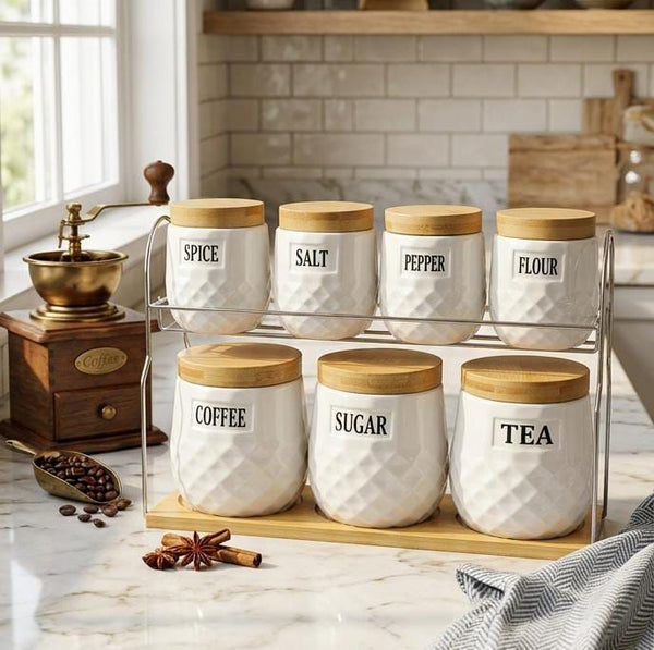 Ribbed Ceramic 8-Piece Canister Set with Bamboo Lids & Tray — WIMU Kitchen Nairobi — Kenya · WIMU Kitchen Nairobi