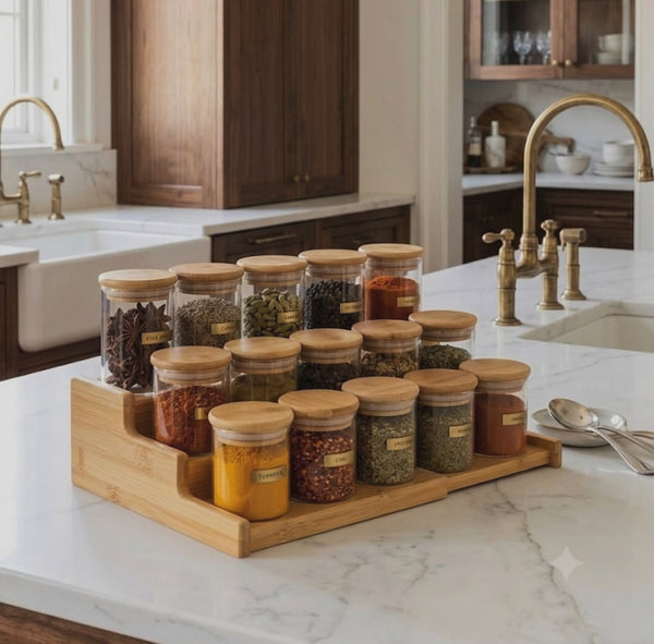 End The Spice Drawer Chaos: 12-Piece Glass Jar Set With Bamboo Lids & Stand — WIMU Kitchen Nairobi — Kenya · WIMU Kitchen Nairobi