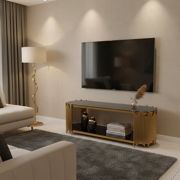 Gold Steel and Black Glass TV Stand Media Console 1401 - Oval Top with Open Shelf — WIMU Kitchen Nairobi — Kenya · WIMU Kitchen Nairobi