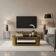 Gold Steel and Black Glass TV Stand Media Console 1401 - Oval Top with Open Shelf — WIMU Kitchen Nairobi — Kenya · WIMU Kitchen