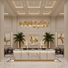 Linear sculptural Brass Grid Chandelier with Floating rods , Irregular Brass discs & hidden LED bulbs — Kenya · WIMU Kitchen