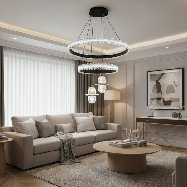 Double Ring Crystal Chandelier with Hanging Globes — Kenya · WIMU Kitchen Nairobi