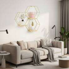 3-Piece Hexagon Wall Shelf Set - Gold Metal Frame Wood Floating Shelves for Home Decor — WIMU Kitchen Nairobi — Kenya · WIMU Kitchen