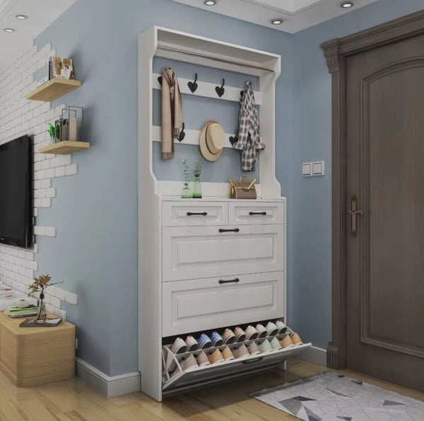 White Narrow Shoe Cabinet with Coat Hanger - 3 Flip Drawers, Storage Drawer and Shelf — WIMU Kitchen Nairobi — Kenya · WIMU Kitchen Nairobi