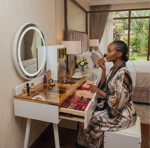 Vanity Dressing Table Set with Amber Glass Top, Round LED Mirror, Side Cabinet and Stool — WIMU Kitchen Nairobi — Kenya · WIMU Kitchen Nairobi