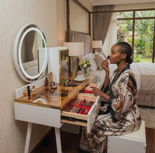 Vanity Dressing Table Set with Amber Glass Top, Round LED Mirror, Side Cabinet and Stool — WIMU Kitchen Nairobi — Kenya · WIMU Kitchen