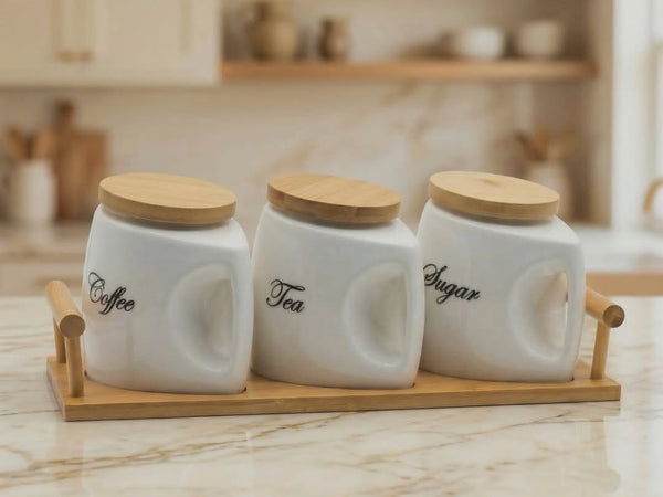 3 Piece Ceramic Canister Set with Bamboo Base and Airtight Lids — WIMU Kitchen Nairobi — Kenya · WIMU Kitchen Nairobi