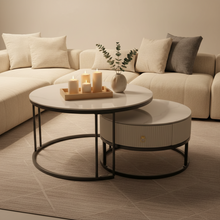 2-Piece Marble Top Nesting Coffee Table Set with Storage Drawer - Black Metal Round Frames — WIMU Kitchen Nairobi — Kenya · WIMU Kitchen