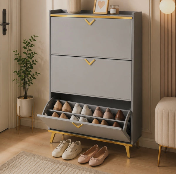 Grey and Gold Flip Shoe Cabinet 90 x 17 x 120cm - Slim Profile Entryway Storage — WIMU Kitchen Nairobi — Kenya · WIMU Kitchen Nairobi