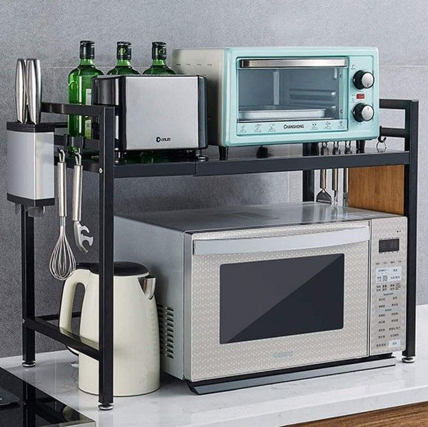 Expandable Metallic Microwave Stand - Adjustable Width Kitchen Shelf with Side Hooks — WIMU Kitchen Nairobi — Kenya · WIMU Kitchen Nairobi