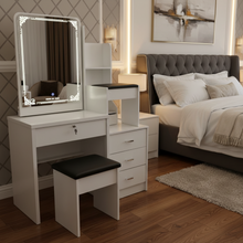 White Vanity Dressing Table with Mirror, Drawers, Open Shelves and Stool — WIMU Kitchen Nairobi — Kenya · WIMU Kitchen