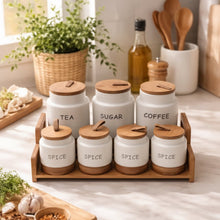 7 Piece Ceramic Canister Set with Wooden Stand - White Speckled Jars with Leather Loop Lids — WIMU Kitchen Nairobi — Kenya · WIMU Kitchen