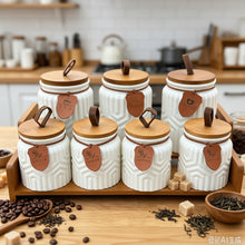 7 Piece Ceramic Storage Jar Set with Wooden Stand - Geometric Embossed Jars with Bamboo Lids — WIMU Kitchen Nairobi — Kenya · WIMU Kitchen