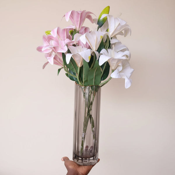 Ribbed Glass Vase - Tall Fluted Cylinder Vase in Smoke Tinted Glass — WIMU Kitchen Nairobi — Kenya · WIMU Kitchen Nairobi